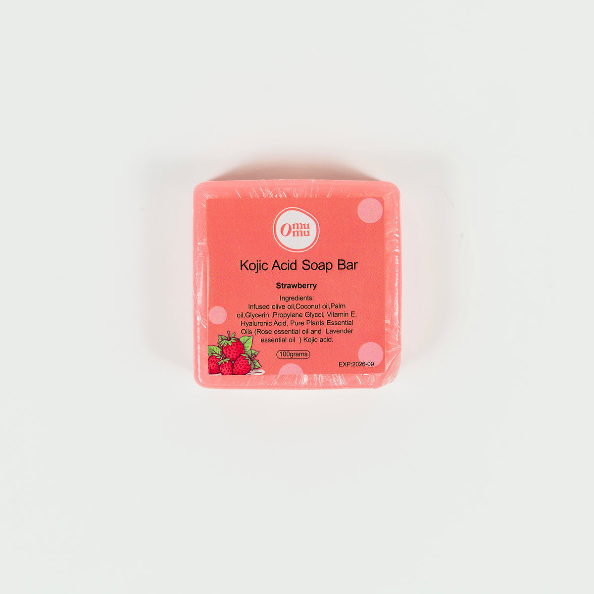 Introducing the Kojic Acid Soap Bar - Strawberry by Omumu. This luxurious soap is infused with nourishing ingredients like olive oil, coconut oil, palm oil, and hyaluronic acid, delivering deep hydration while promoting a brighter complexion. Enhanced with the fresh scent of strawberry and enriched with Kojic acid, this soap gently exfoliates and helps reduce the appearance of dark spots, leaving your skin smoother and more radiant. Perfect for everyday use, it also features pure plant essential oils, inclu